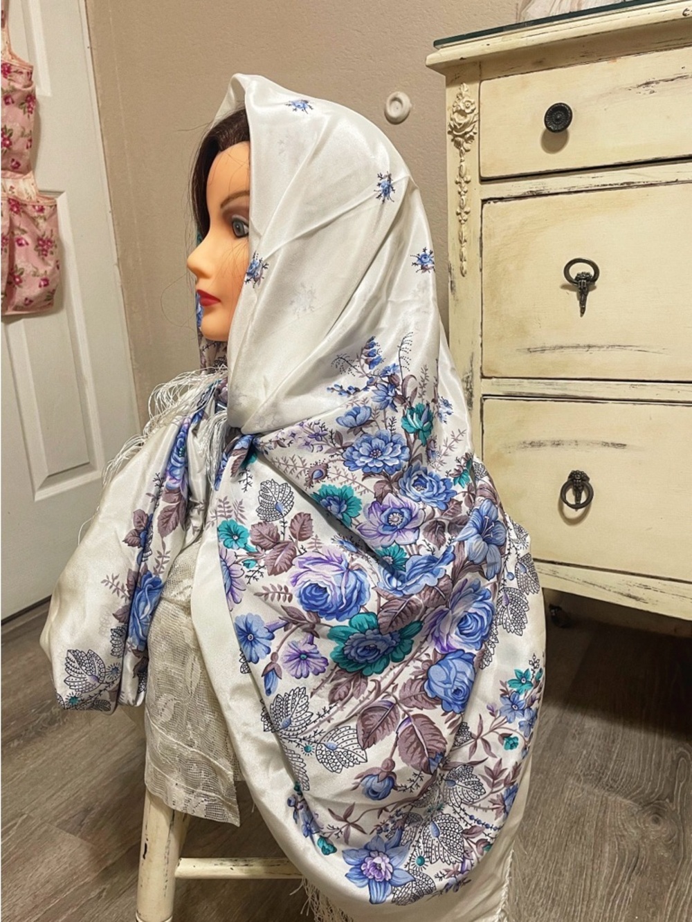 Elegant White Floral Silk Headscarf with Blue & Teal Accents